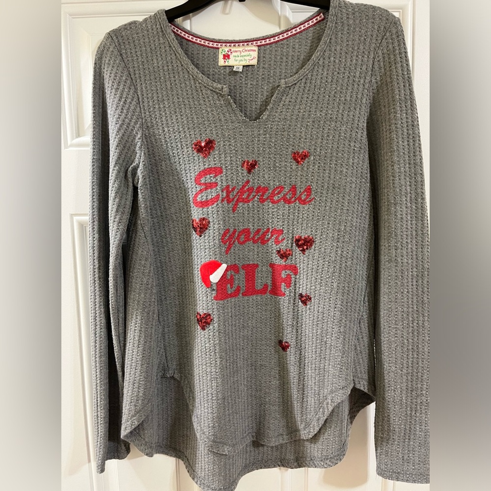 Poof! Christmas holiday shirt. Grey with red details. Express your Elf